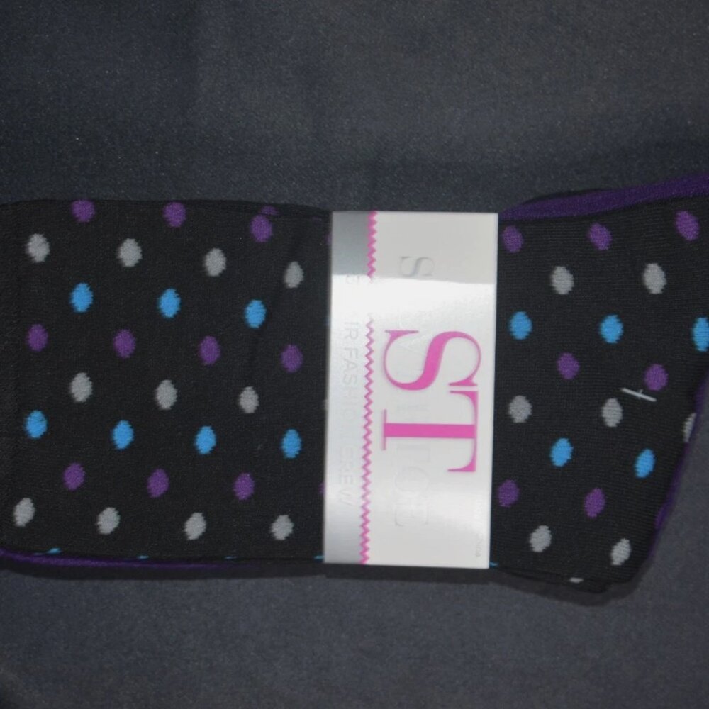 Silvertoe Women’s Fashion Crew Socks 3-Pair Pack – Black, Purple & Polka Dot, Mi